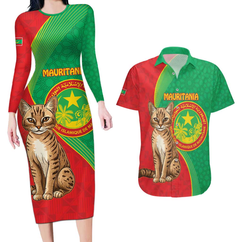 Personalised Mauritania Couples Matching Long Sleeve Bodycon Dress and Hawaiian Shirt African Wild Cat With Coat Of Arms