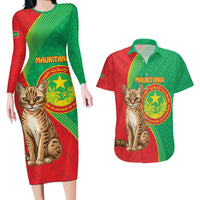 Personalised Mauritania Couples Matching Long Sleeve Bodycon Dress and Hawaiian Shirt African Wild Cat With Coat Of Arms