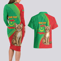 Personalised Mauritania Couples Matching Long Sleeve Bodycon Dress and Hawaiian Shirt African Wild Cat With Coat Of Arms