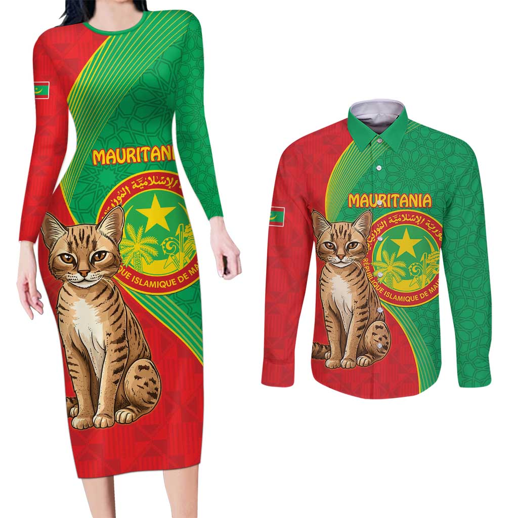 Personalised Mauritania Couples Matching Long Sleeve Bodycon Dress and Long Sleeve Button Shirt African Wild Cat With Coat Of Arms