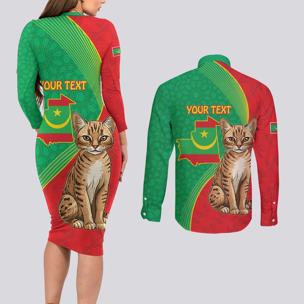 Personalised Mauritania Couples Matching Long Sleeve Bodycon Dress and Long Sleeve Button Shirt African Wild Cat With Coat Of Arms