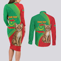 Personalised Mauritania Couples Matching Long Sleeve Bodycon Dress and Long Sleeve Button Shirt African Wild Cat With Coat Of Arms