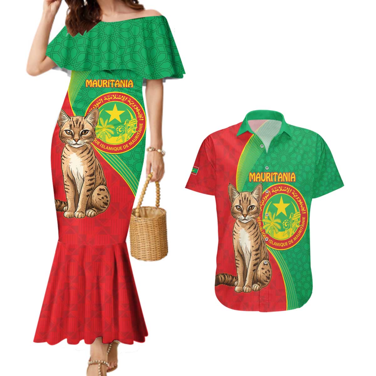 Personalised Mauritania Couples Matching Mermaid Dress and Hawaiian Shirt African Wild Cat With Coat Of Arms