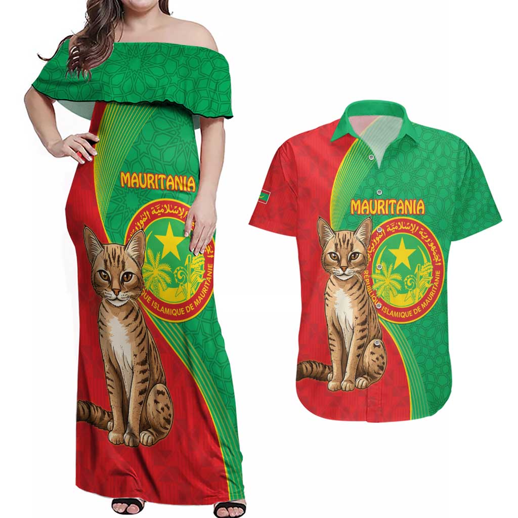 Personalised Mauritania Couples Matching Off Shoulder Maxi Dress and Hawaiian Shirt African Wild Cat With Coat Of Arms