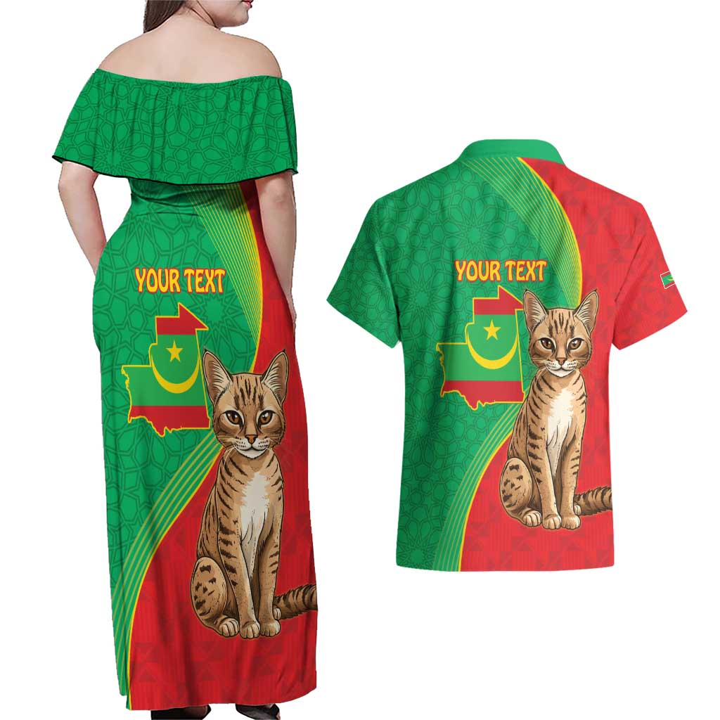 Personalised Mauritania Couples Matching Off Shoulder Maxi Dress and Hawaiian Shirt African Wild Cat With Coat Of Arms