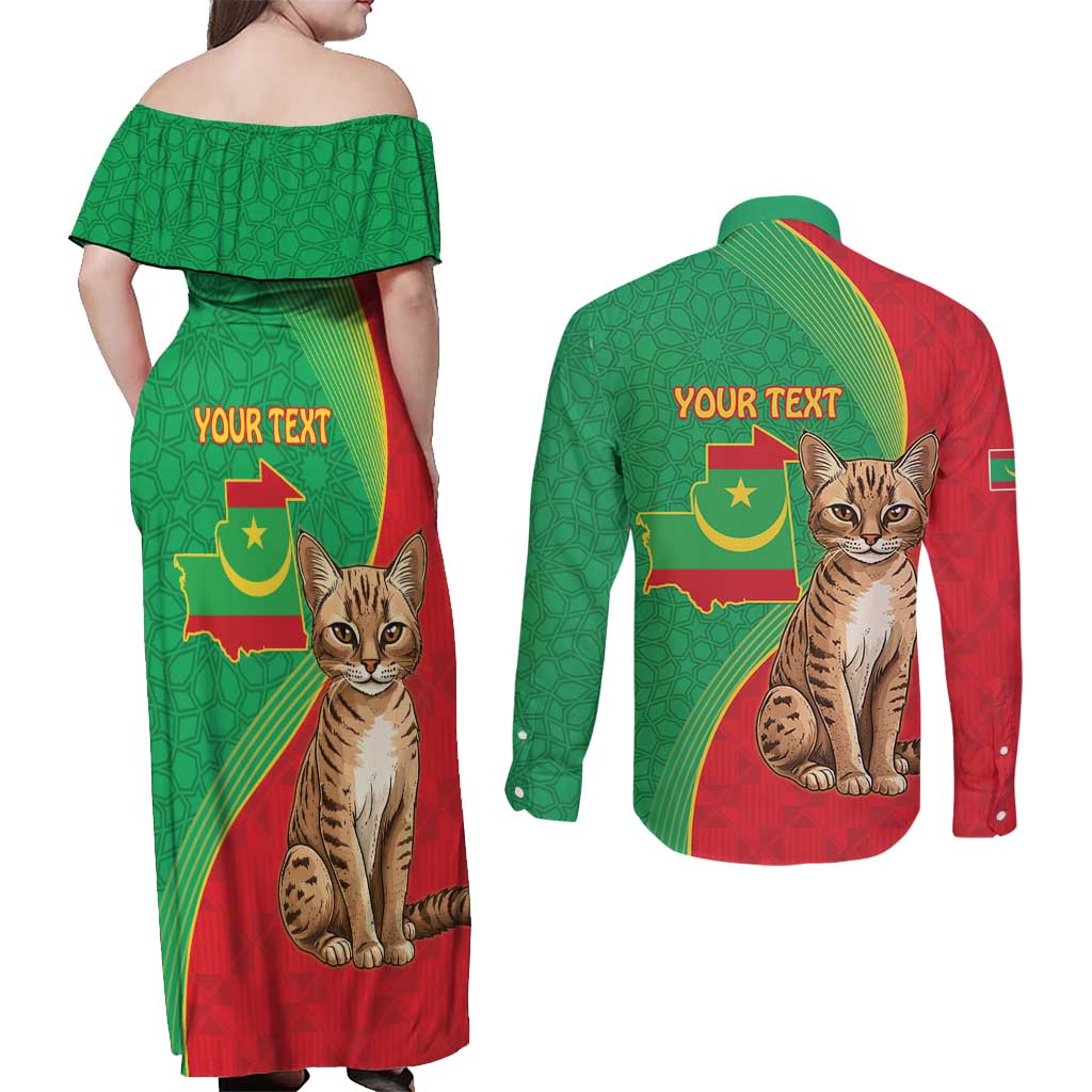 Personalised Mauritania Couples Matching Off Shoulder Maxi Dress and Long Sleeve Button Shirt African Wild Cat With Coat Of Arms