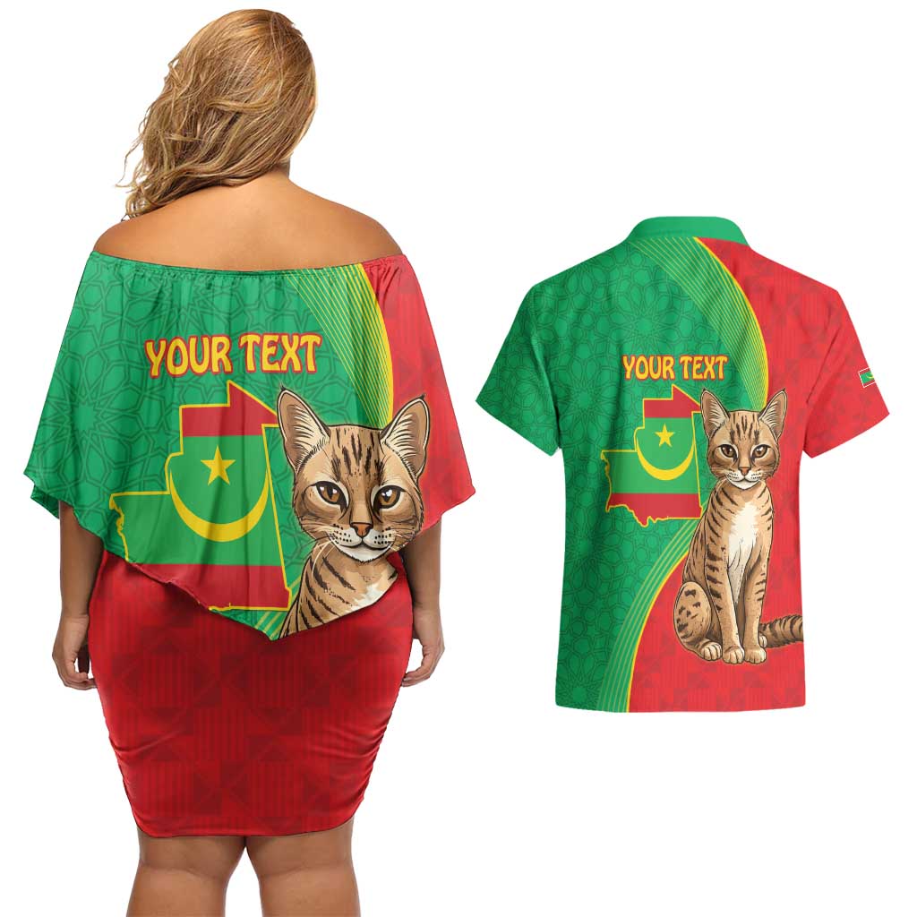Personalised Mauritania Couples Matching Off Shoulder Short Dress and Hawaiian Shirt African Wild Cat With Coat Of Arms