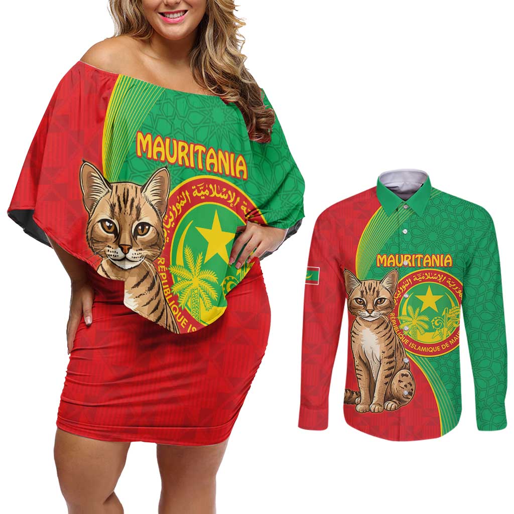 Personalised Mauritania Couples Matching Off Shoulder Short Dress and Long Sleeve Button Shirt African Wild Cat With Coat Of Arms