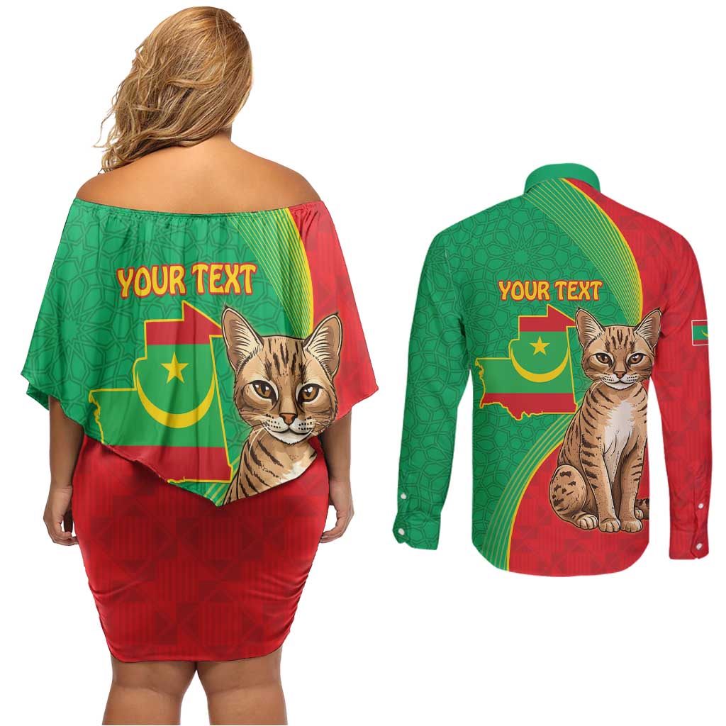 Personalised Mauritania Couples Matching Off Shoulder Short Dress and Long Sleeve Button Shirt African Wild Cat With Coat Of Arms