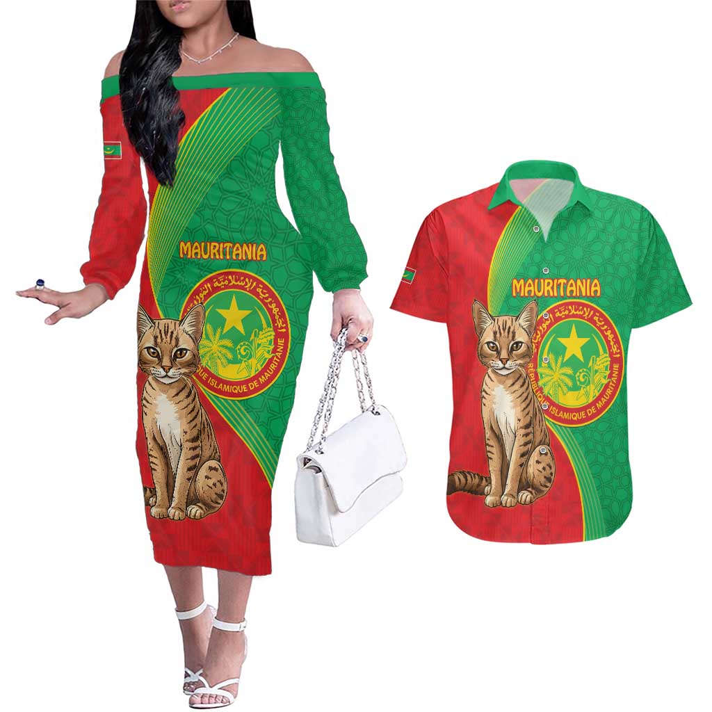 Personalised Mauritania Couples Matching Off The Shoulder Long Sleeve Dress and Hawaiian Shirt African Wild Cat With Coat Of Arms