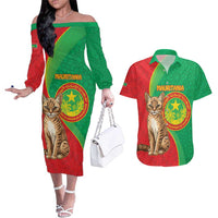 Personalised Mauritania Couples Matching Off The Shoulder Long Sleeve Dress and Hawaiian Shirt African Wild Cat With Coat Of Arms