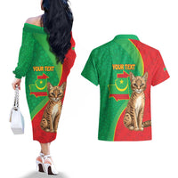 Personalised Mauritania Couples Matching Off The Shoulder Long Sleeve Dress and Hawaiian Shirt African Wild Cat With Coat Of Arms