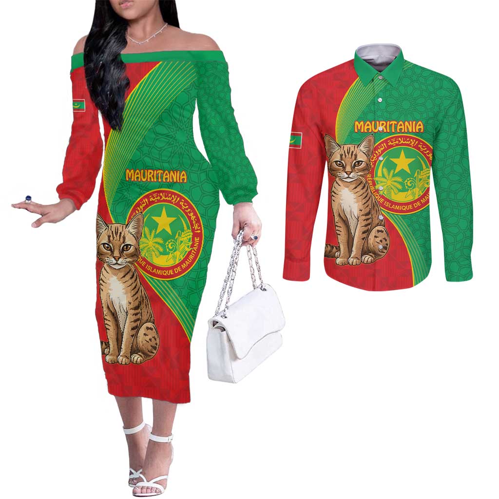 Personalised Mauritania Couples Matching Off The Shoulder Long Sleeve Dress and Long Sleeve Button Shirt African Wild Cat With Coat Of Arms