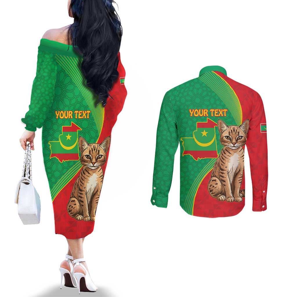Personalised Mauritania Couples Matching Off The Shoulder Long Sleeve Dress and Long Sleeve Button Shirt African Wild Cat With Coat Of Arms