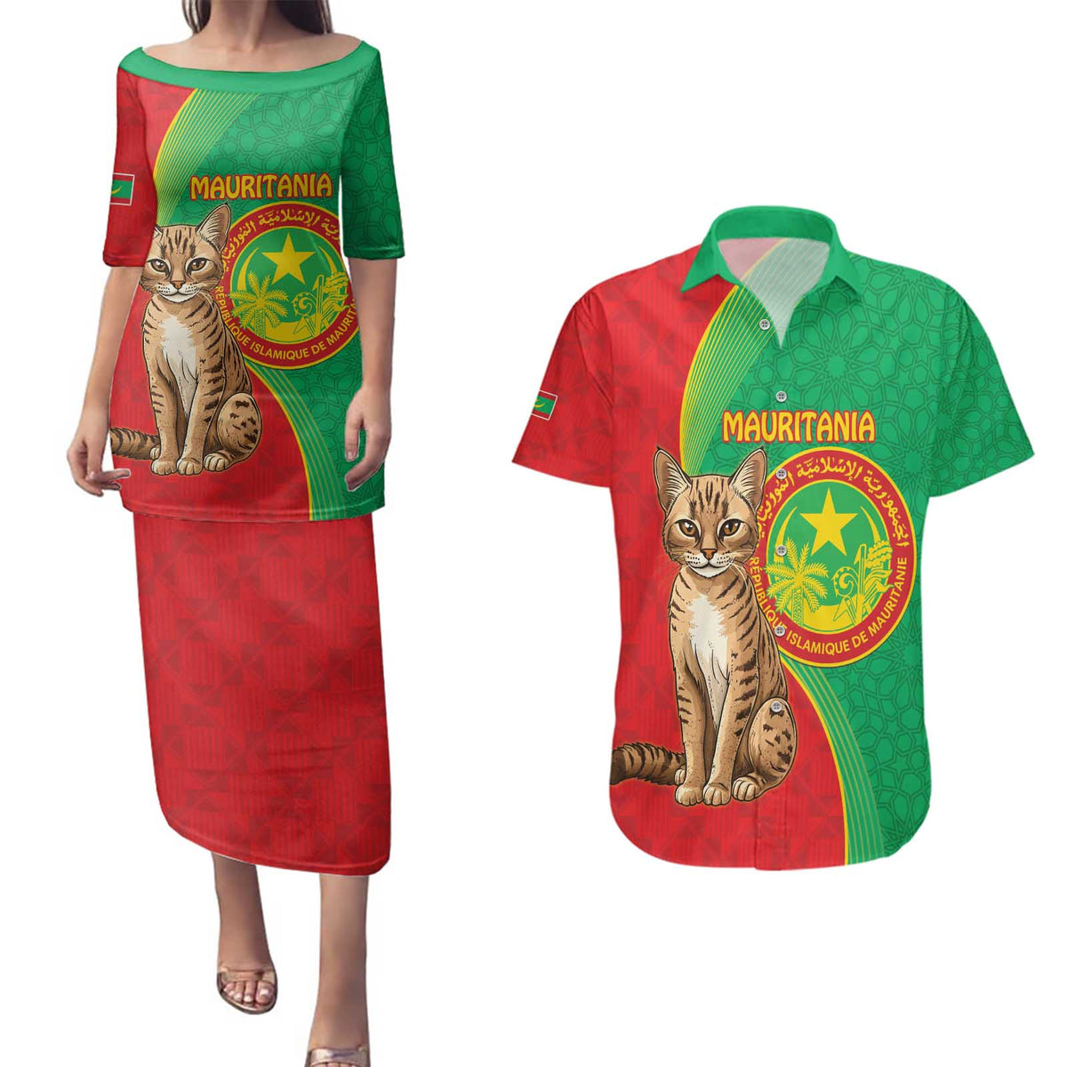 Personalised Mauritania Couples Matching Puletasi and Hawaiian Shirt African Wild Cat With Coat Of Arms