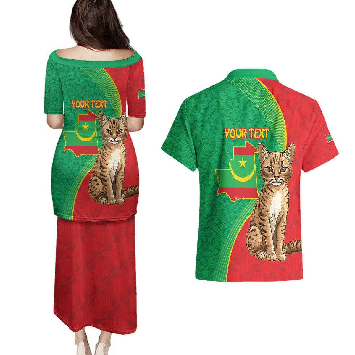 Personalised Mauritania Couples Matching Puletasi and Hawaiian Shirt African Wild Cat With Coat Of Arms
