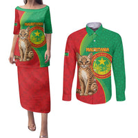 Personalised Mauritania Couples Matching Puletasi and Long Sleeve Button Shirt African Wild Cat With Coat Of Arms