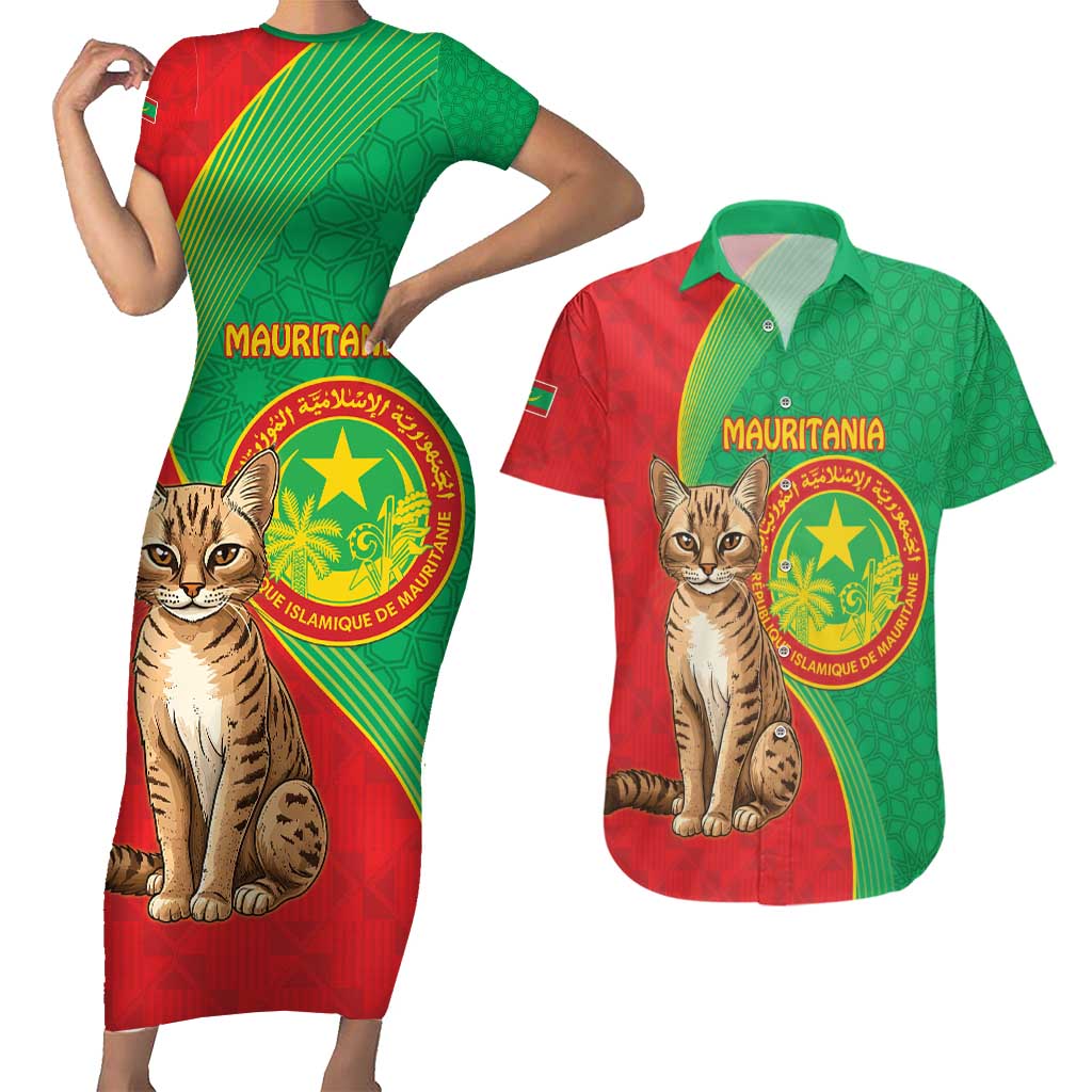 Personalised Mauritania Couples Matching Short Sleeve Bodycon Dress and Hawaiian Shirt African Wild Cat With Coat Of Arms