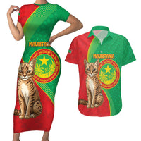 Personalised Mauritania Couples Matching Short Sleeve Bodycon Dress and Hawaiian Shirt African Wild Cat With Coat Of Arms