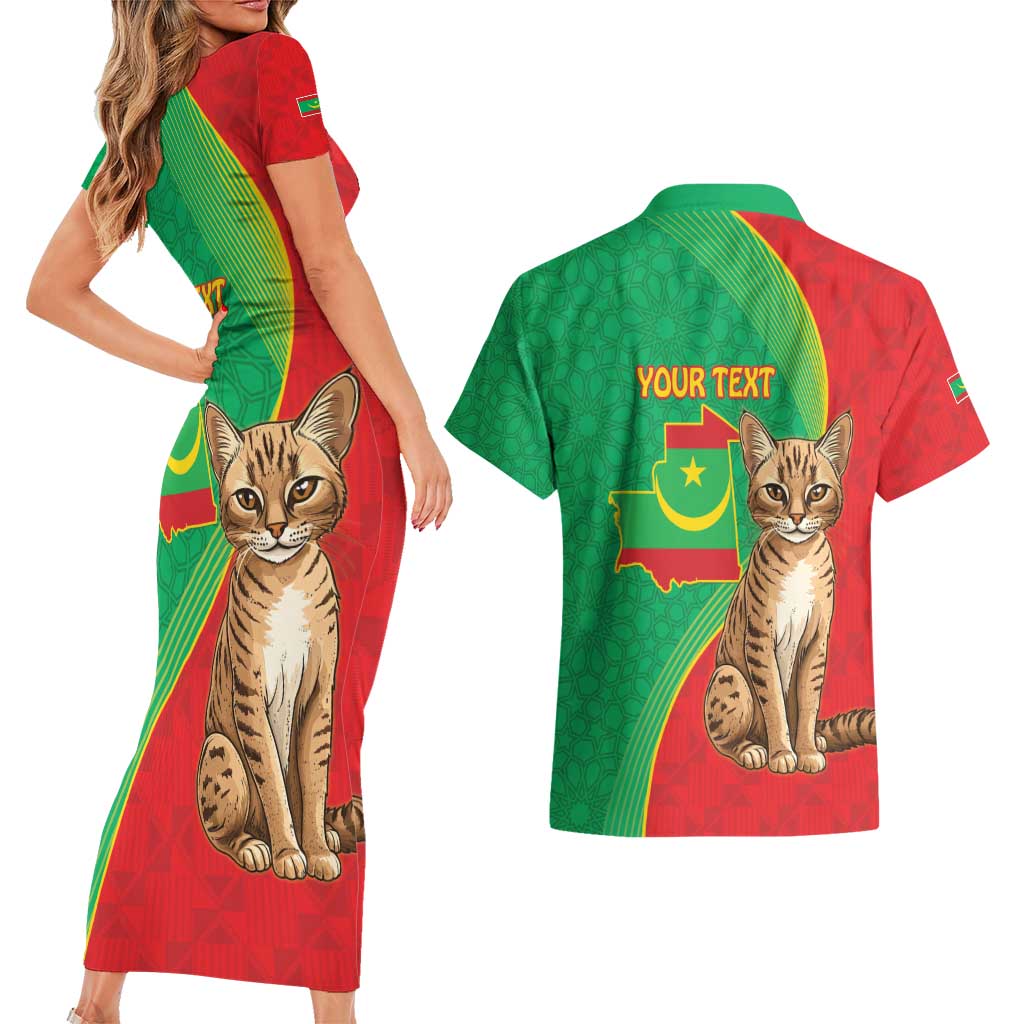 Personalised Mauritania Couples Matching Short Sleeve Bodycon Dress and Hawaiian Shirt African Wild Cat With Coat Of Arms