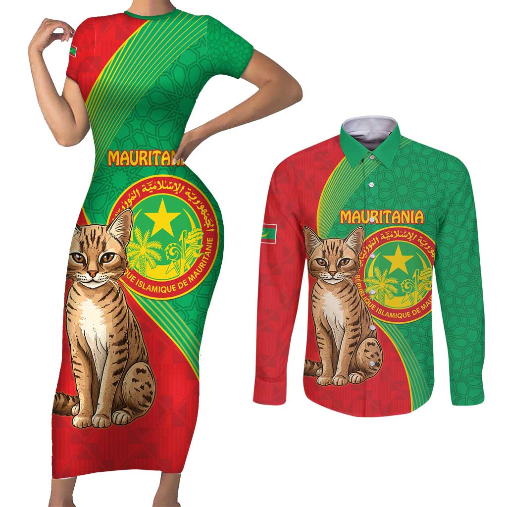 Personalised Mauritania Couples Matching Short Sleeve Bodycon Dress and Long Sleeve Button Shirt African Wild Cat With Coat Of Arms