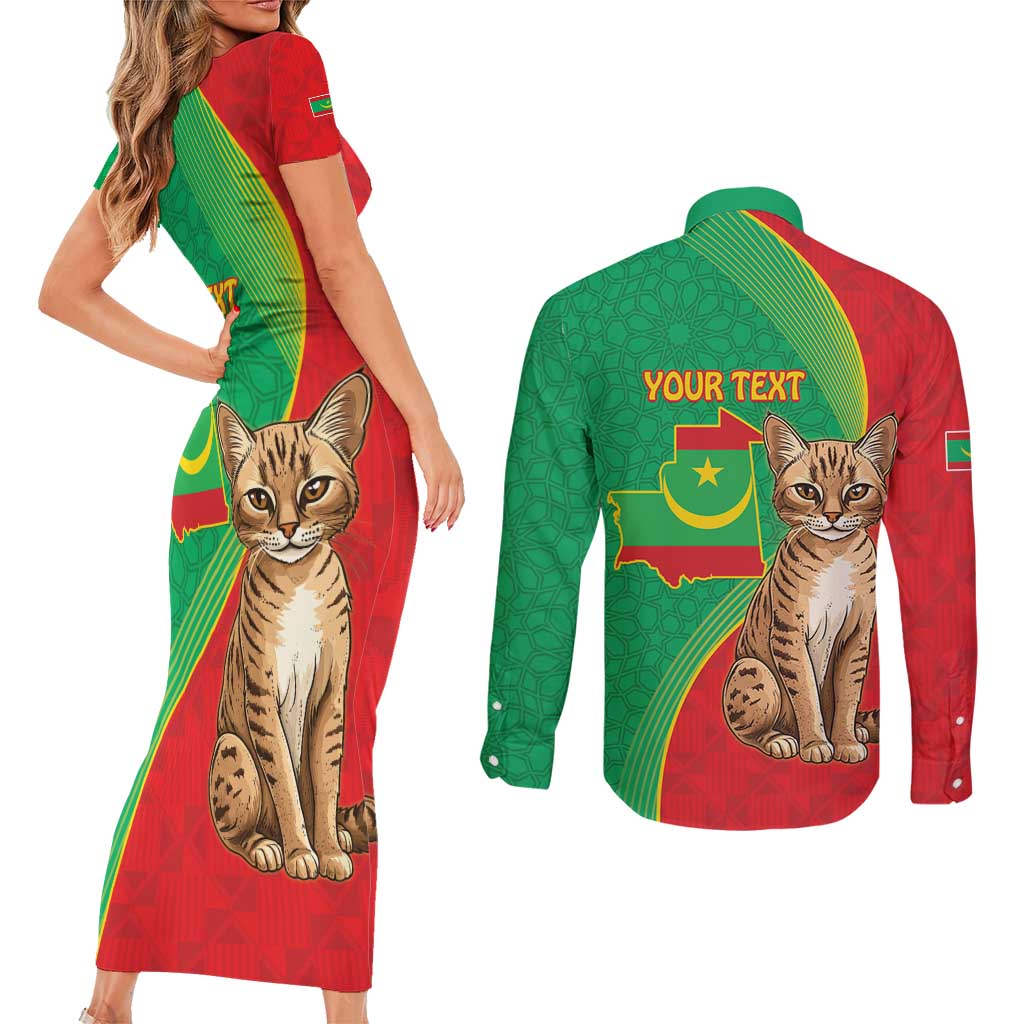 Personalised Mauritania Couples Matching Short Sleeve Bodycon Dress and Long Sleeve Button Shirt African Wild Cat With Coat Of Arms