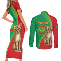 Personalised Mauritania Couples Matching Short Sleeve Bodycon Dress and Long Sleeve Button Shirt African Wild Cat With Coat Of Arms