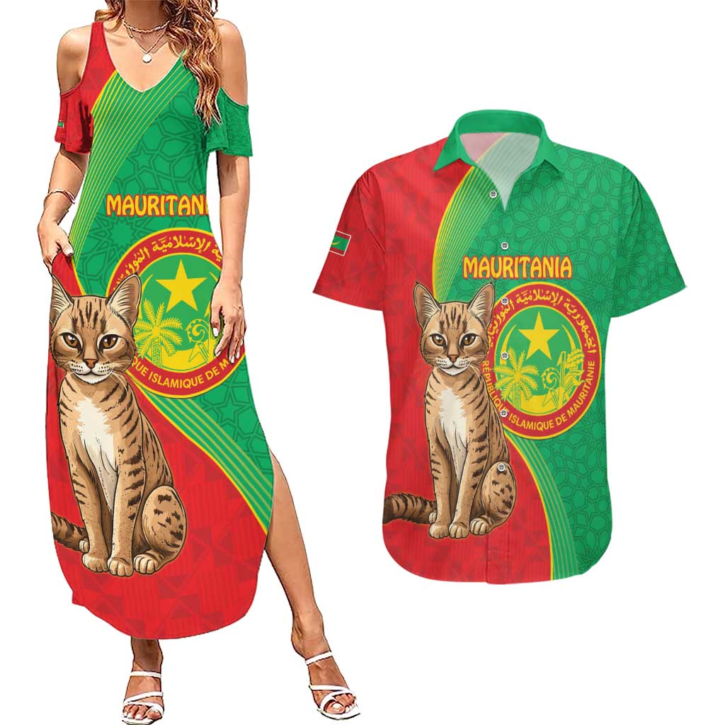 Personalised Mauritania Couples Matching Summer Maxi Dress and Hawaiian Shirt African Wild Cat With Coat Of Arms