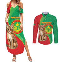 Personalised Mauritania Couples Matching Summer Maxi Dress and Long Sleeve Button Shirt African Wild Cat With Coat Of Arms