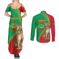 Personalised Mauritania Couples Matching Summer Maxi Dress and Long Sleeve Button Shirt African Wild Cat With Coat Of Arms
