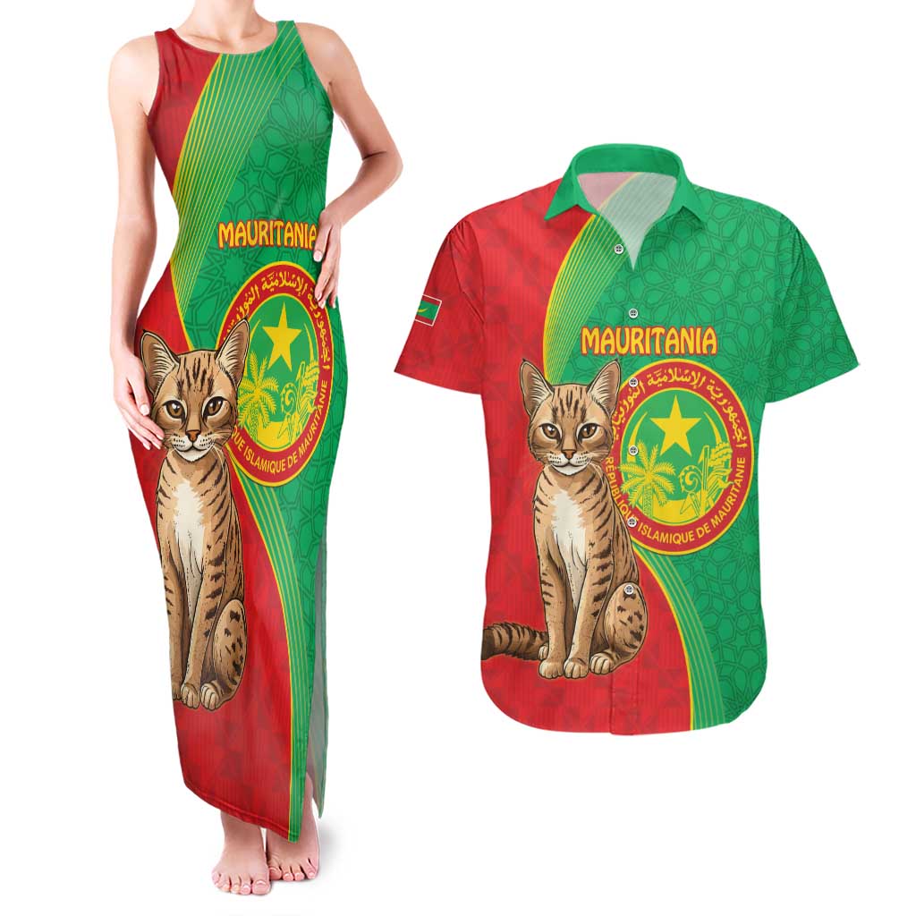 Personalised Mauritania Couples Matching Tank Maxi Dress and Hawaiian Shirt African Wild Cat With Coat Of Arms