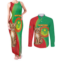 Personalised Mauritania Couples Matching Tank Maxi Dress and Long Sleeve Button Shirt African Wild Cat With Coat Of Arms