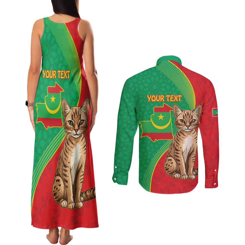 Personalised Mauritania Couples Matching Tank Maxi Dress and Long Sleeve Button Shirt African Wild Cat With Coat Of Arms