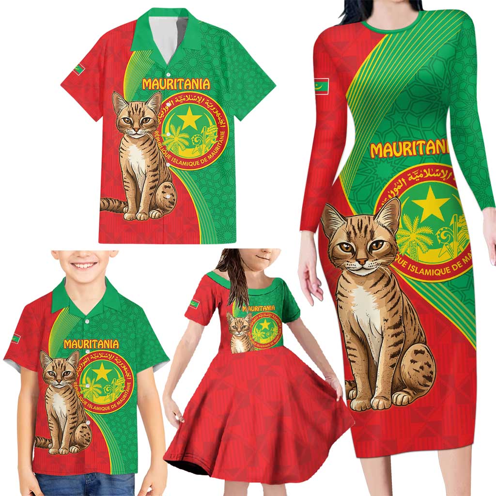 Personalised Mauritania Family Matching Long Sleeve Bodycon Dress and Hawaiian Shirt African Wild Cat With Coat Of Arms - Wonder Print Shop