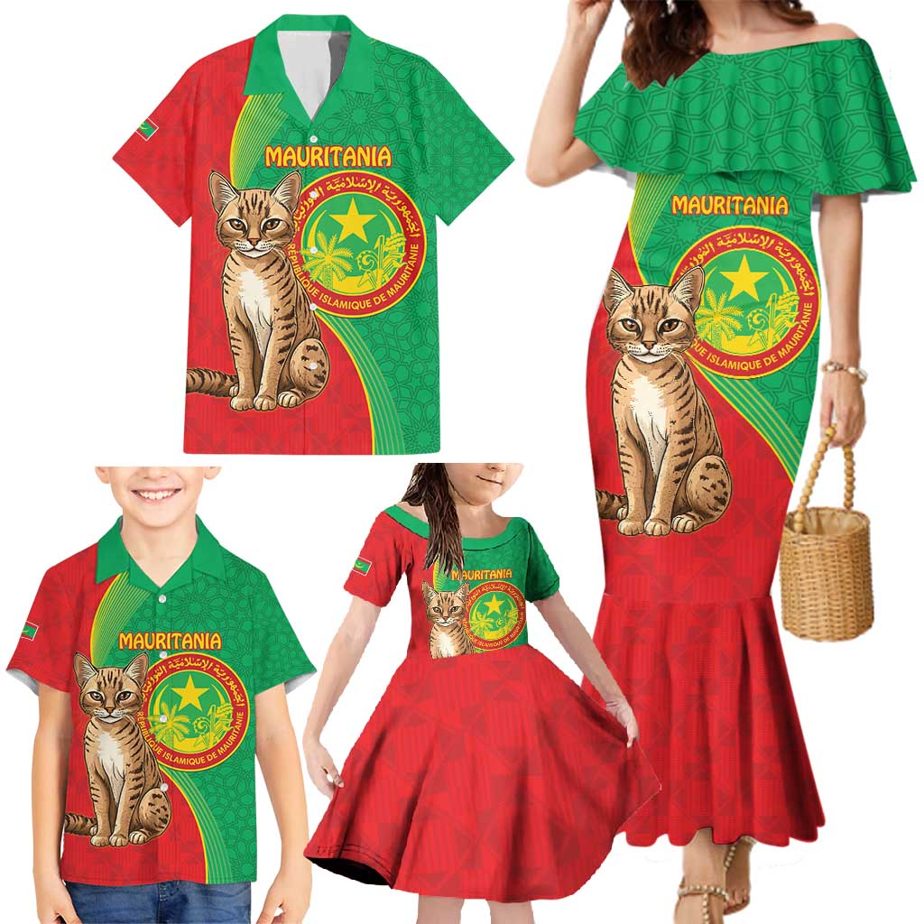 Personalised Mauritania Family Matching Mermaid Dress and Hawaiian Shirt African Wild Cat With Coat Of Arms - Wonder Print Shop