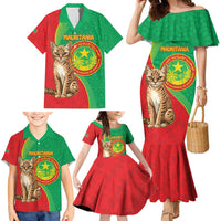 Personalised Mauritania Family Matching Mermaid Dress and Hawaiian Shirt African Wild Cat With Coat Of Arms - Wonder Print Shop