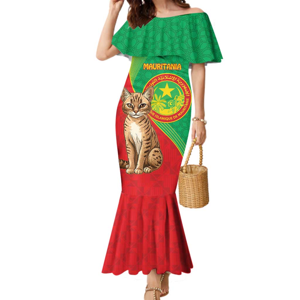 Personalised Mauritania Family Matching Mermaid Dress and Hawaiian Shirt African Wild Cat With Coat Of Arms - Wonder Print Shop