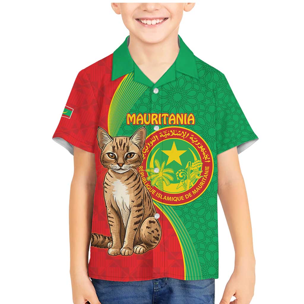 Personalised Mauritania Family Matching Mermaid Dress and Hawaiian Shirt African Wild Cat With Coat Of Arms - Wonder Print Shop