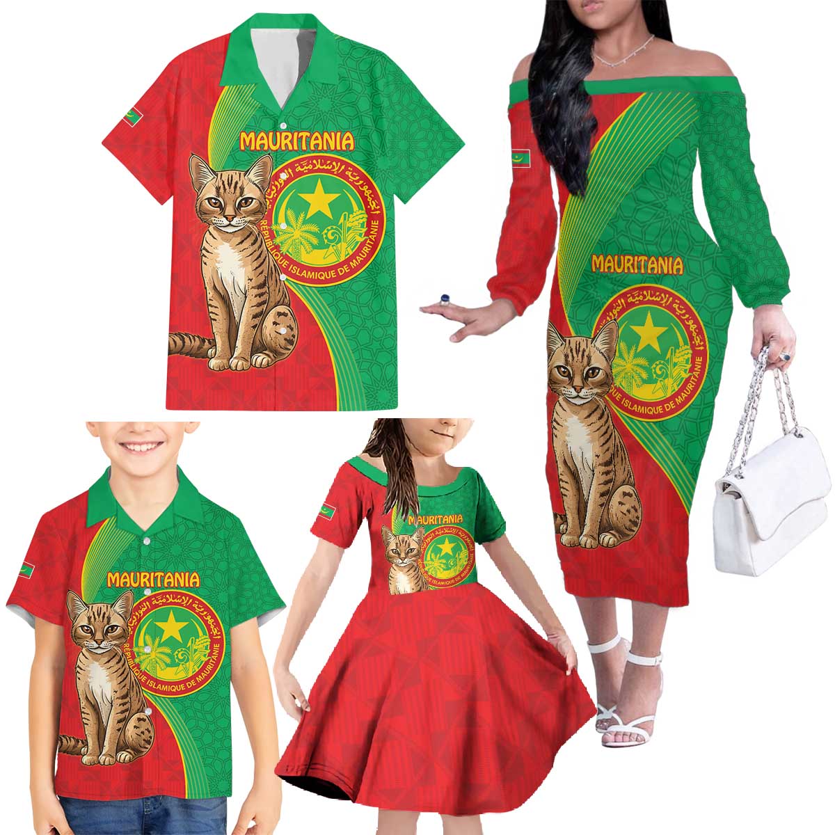 Personalised Mauritania Family Matching Off The Shoulder Long Sleeve Dress and Hawaiian Shirt African Wild Cat With Coat Of Arms