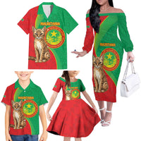 Personalised Mauritania Family Matching Off The Shoulder Long Sleeve Dress and Hawaiian Shirt African Wild Cat With Coat Of Arms