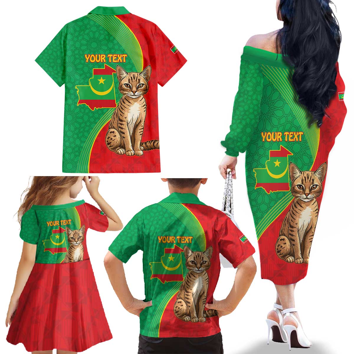 Personalised Mauritania Family Matching Off The Shoulder Long Sleeve Dress and Hawaiian Shirt African Wild Cat With Coat Of Arms