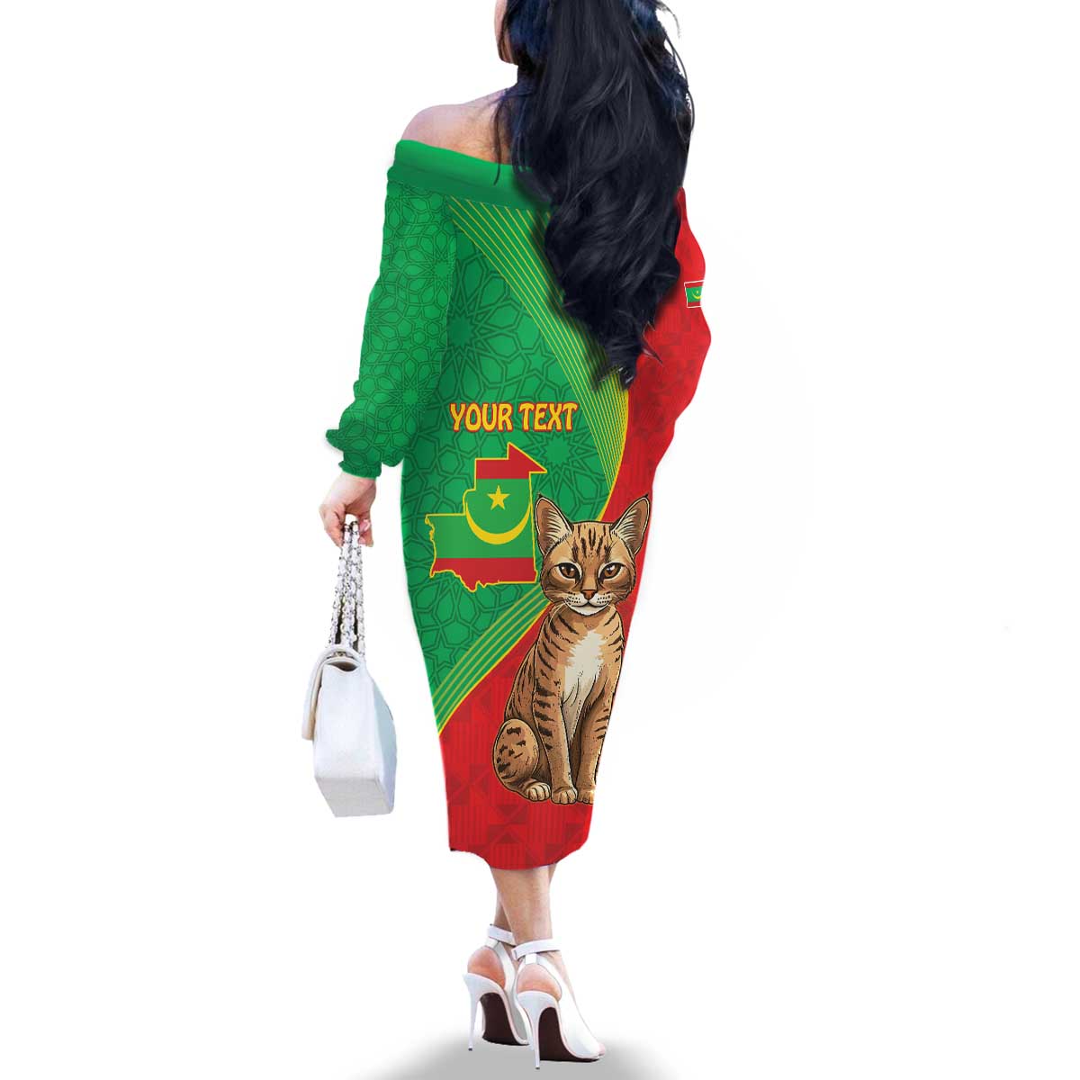 Personalised Mauritania Family Matching Off The Shoulder Long Sleeve Dress and Hawaiian Shirt African Wild Cat With Coat Of Arms