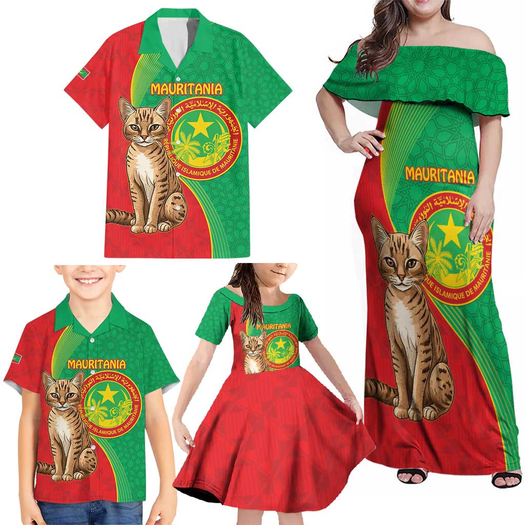 Personalised Mauritania Family Matching Off Shoulder Maxi Dress and Hawaiian Shirt African Wild Cat With Coat Of Arms - Wonder Print Shop