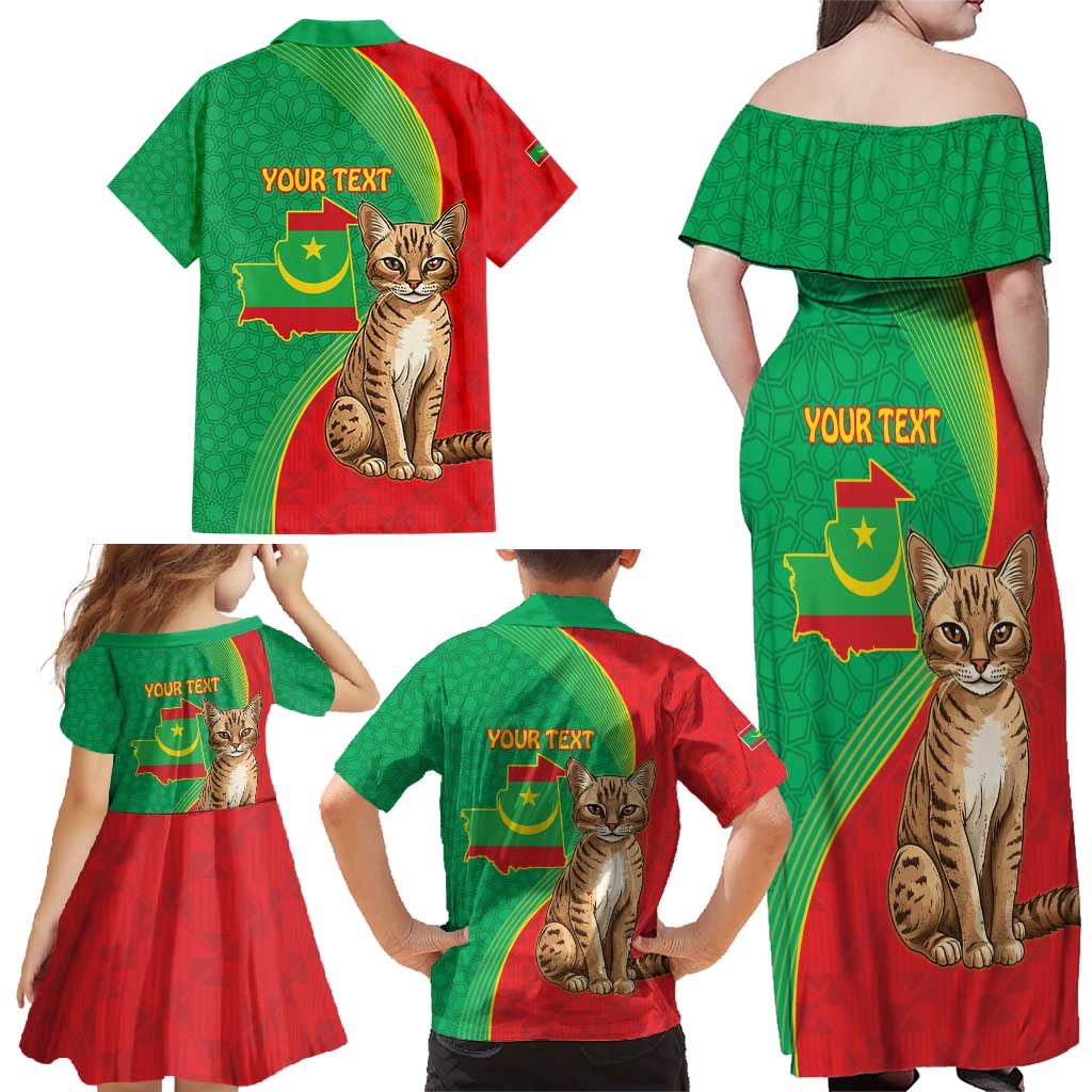 Personalised Mauritania Family Matching Off Shoulder Maxi Dress and Hawaiian Shirt African Wild Cat With Coat Of Arms - Wonder Print Shop