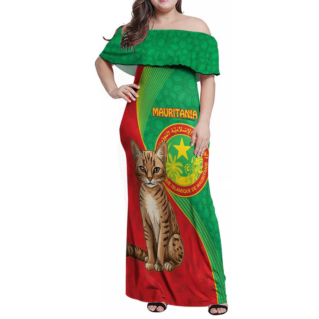 Personalised Mauritania Family Matching Off Shoulder Maxi Dress and Hawaiian Shirt African Wild Cat With Coat Of Arms - Wonder Print Shop