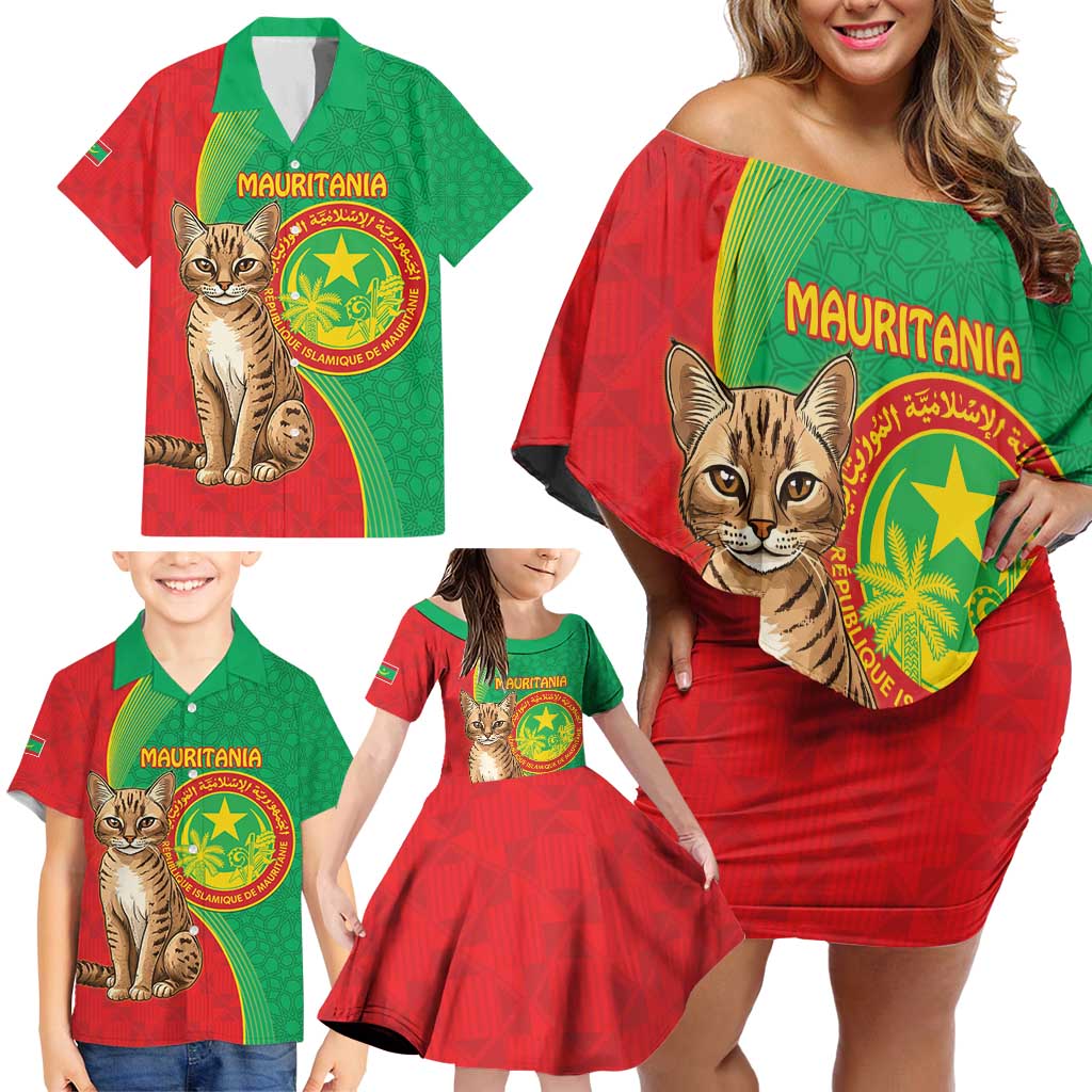 Personalised Mauritania Family Matching Off Shoulder Short Dress and Hawaiian Shirt African Wild Cat With Coat Of Arms - Wonder Print Shop