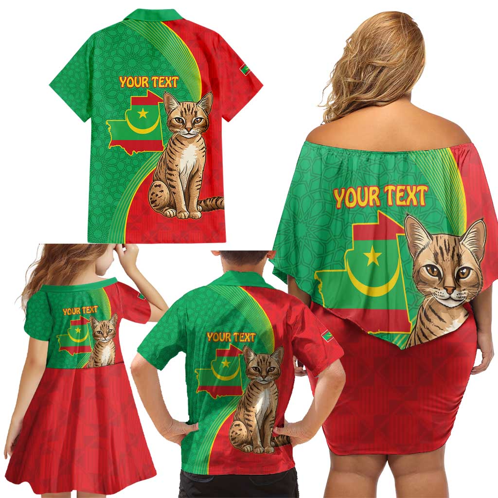 Personalised Mauritania Family Matching Off Shoulder Short Dress and Hawaiian Shirt African Wild Cat With Coat Of Arms - Wonder Print Shop