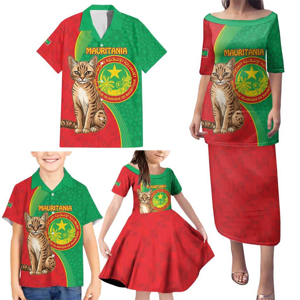 Personalised Mauritania Family Matching Puletasi and Hawaiian Shirt African Wild Cat With Coat Of Arms