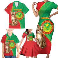 Personalised Mauritania Family Matching Short Sleeve Bodycon Dress and Hawaiian Shirt African Wild Cat With Coat Of Arms - Wonder Print Shop