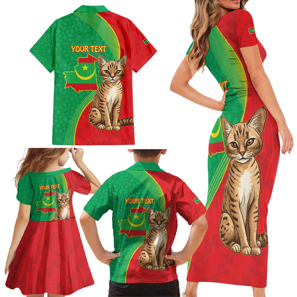 Personalised Mauritania Family Matching Short Sleeve Bodycon Dress and Hawaiian Shirt African Wild Cat With Coat Of Arms - Wonder Print Shop